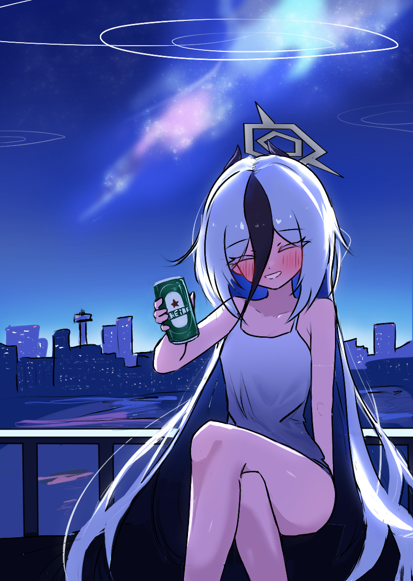 wingcat, kayoko (blue archive), blue archive, 1girl, bare arms, bare legs, bare shoulders, beer can, black hair, black horns, blush, breasts, building, can, city, city lights, cityscape, closed eyes, collarbone, crossed legs, demon horns, dot nose, drink can, feet out of frame, grey halo, grin, halo, hand up, holding, horns, long bangs, long hair, long sidelocks, milky way, multicolored hair, night, night sky, outdoors, scenery, short shorts, shorts, sidelocks, sitting, sky, skyline, small breasts, smile, solo, star (sky), starry sky, tank top, teeth, thighs, two-tone hair, very long hair, white hair, white tank top