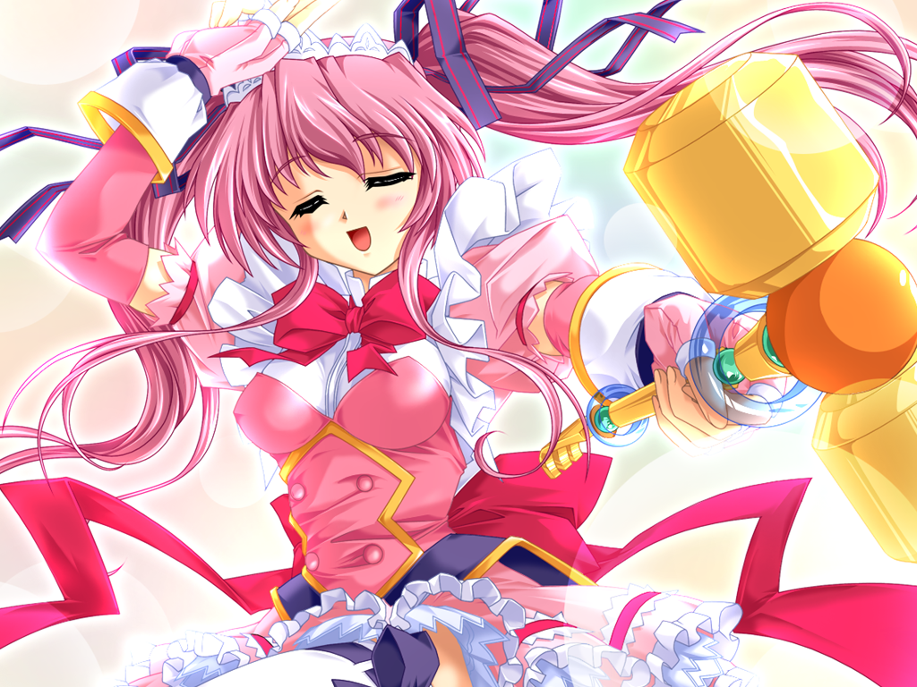 hayasaka hiyori, mizuiro, 00s, blue eyes, bow, closed eyes, elbow gloves, gloves, hair ribbon, hammer, magical girl, open mouth, pink hair, ribbon, solo, staff, thighhighs, twintails