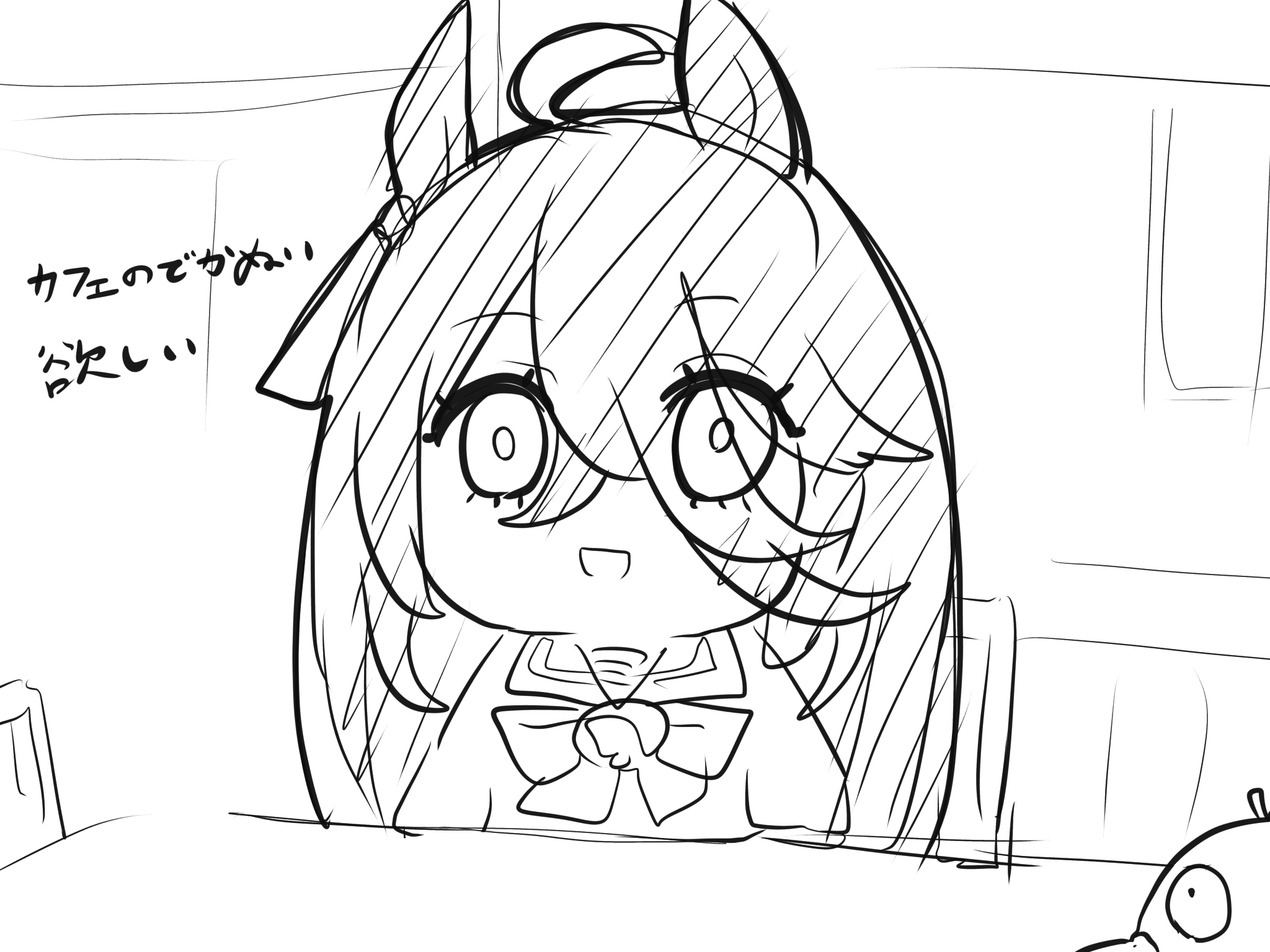 kawamochi (tddm3573), manhattan cafe (umamusume), psyduck, nintendo, pokemon, umamusume, highres, translation request, 1girl, :d, ahoge, animal ears, bow, chair, crossover, gen 1 pokemon, greyscale, hair over one eye, horse ears, long hair, monochrome, on chair, open mouth, pokemon (creature), school uniform, shirt, sitting, smile, solo focus, tracen school uniform, upper body, very long hair