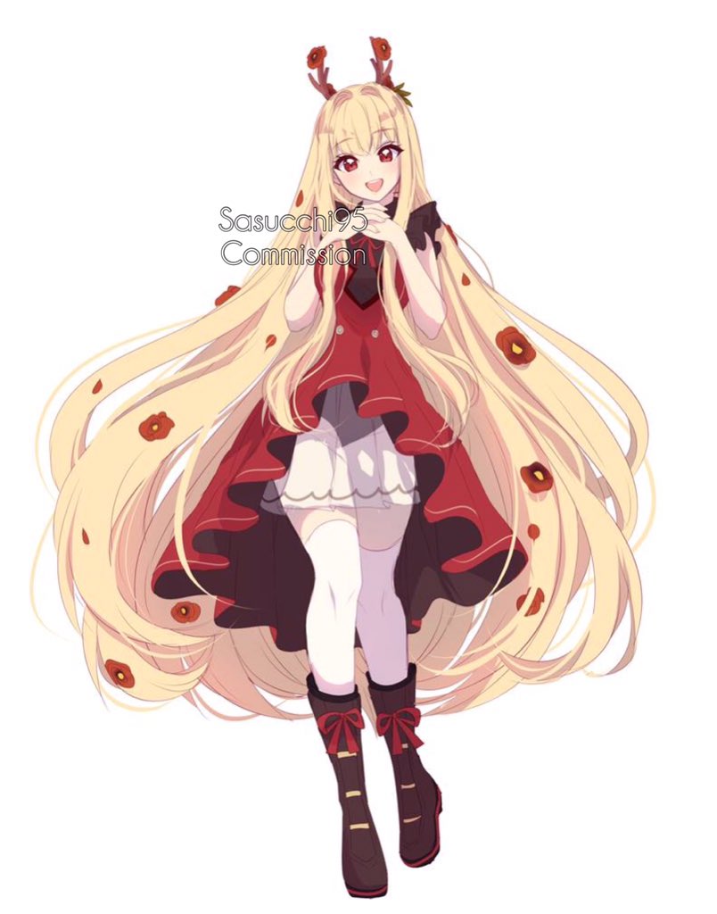 sasucchi95, original, commentary, commission, english commentary, 1girl, :d, antlers, artist name, bare arms, bare shoulders, black boots, black leotard, blonde hair, blush, boots, breasts, buttons, double-breasted, dress, flower, frilled dress, frills, full body, hair between eyes, hair flower, hair ornament, hands up, horns, knee boots, knees together feet apart, leotard, long hair, long sidelocks, looking at viewer, medium breasts, open mouth, own hands together, pleated skirt, red dress, red eyes, red flower, red ribbon, red rose, ribbon, rose, see-through clothes, see-through skirt, sidelocks, simple background, skirt, sleeveless, sleeveless dress, smile, solo, standing, standing on one leg, teeth, thighhighs, upper teeth only, very long hair, watermark, white background, white skirt, white thighhighs