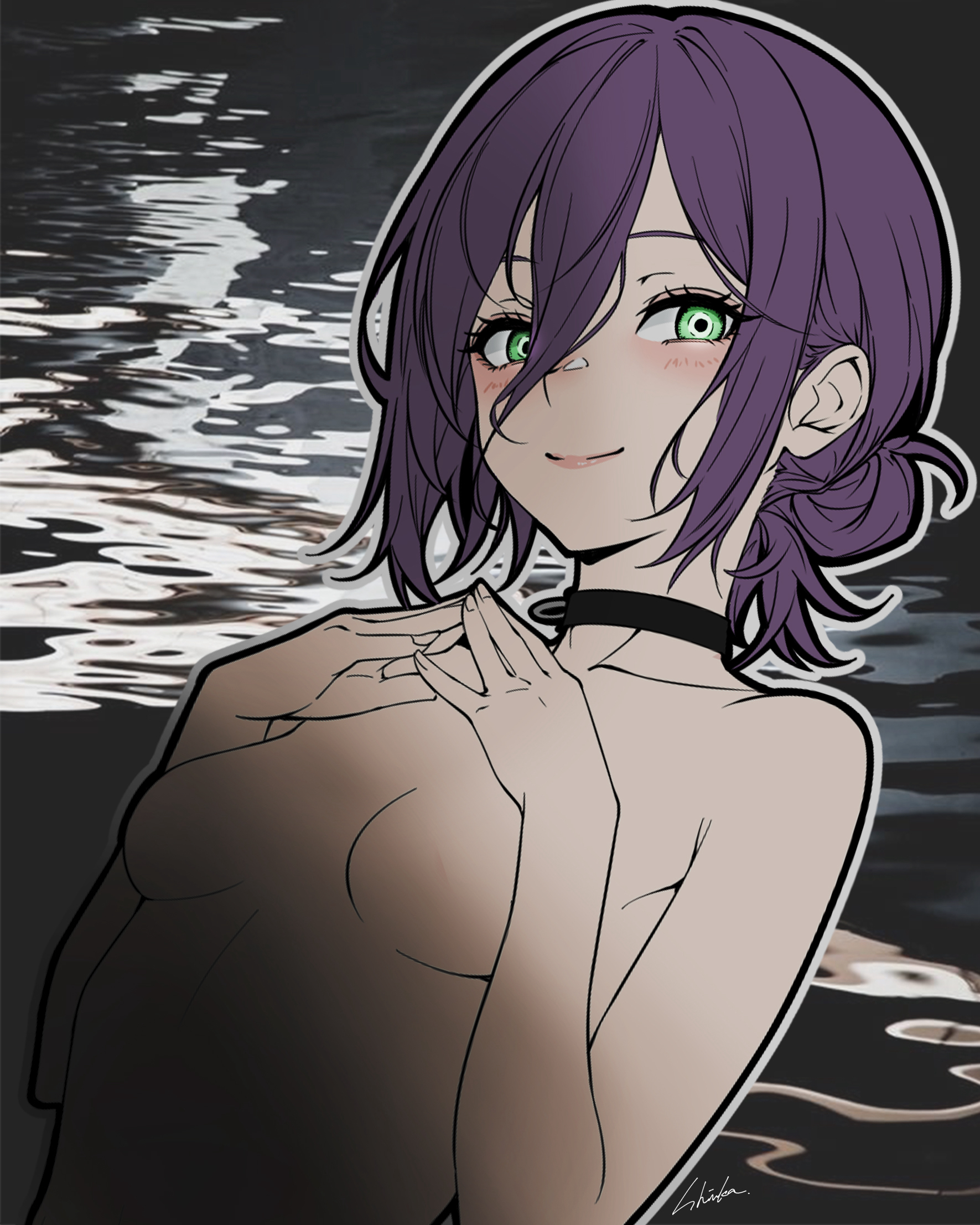 bambi surprise, reze (chainsaw man), chainsaw man, highres, 1girl, artist name, black choker, breasts, choker, closed mouth, green eyes, hair between eyes, hair bun, nude, purple hair, small breasts, smile, solo, water