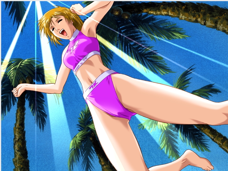 non-web source, 1girl, bikini, blonde hair, brown hair, cameltoe, closed eyes, female focus, jumping, open mouth, palm tree, pink bikini, short hair, solo, swimsuit, tank top, tree