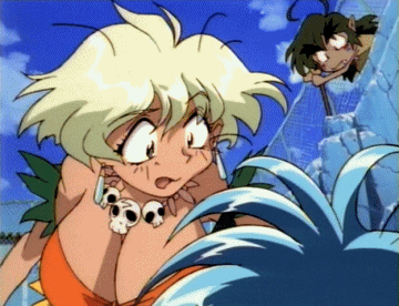 mii (jungle de ikou), jungle de ikou, animated, animated gif, lowres, 1990s (style), bouncing breasts, breasts, huge breasts, jewelry, necklace, surprised
