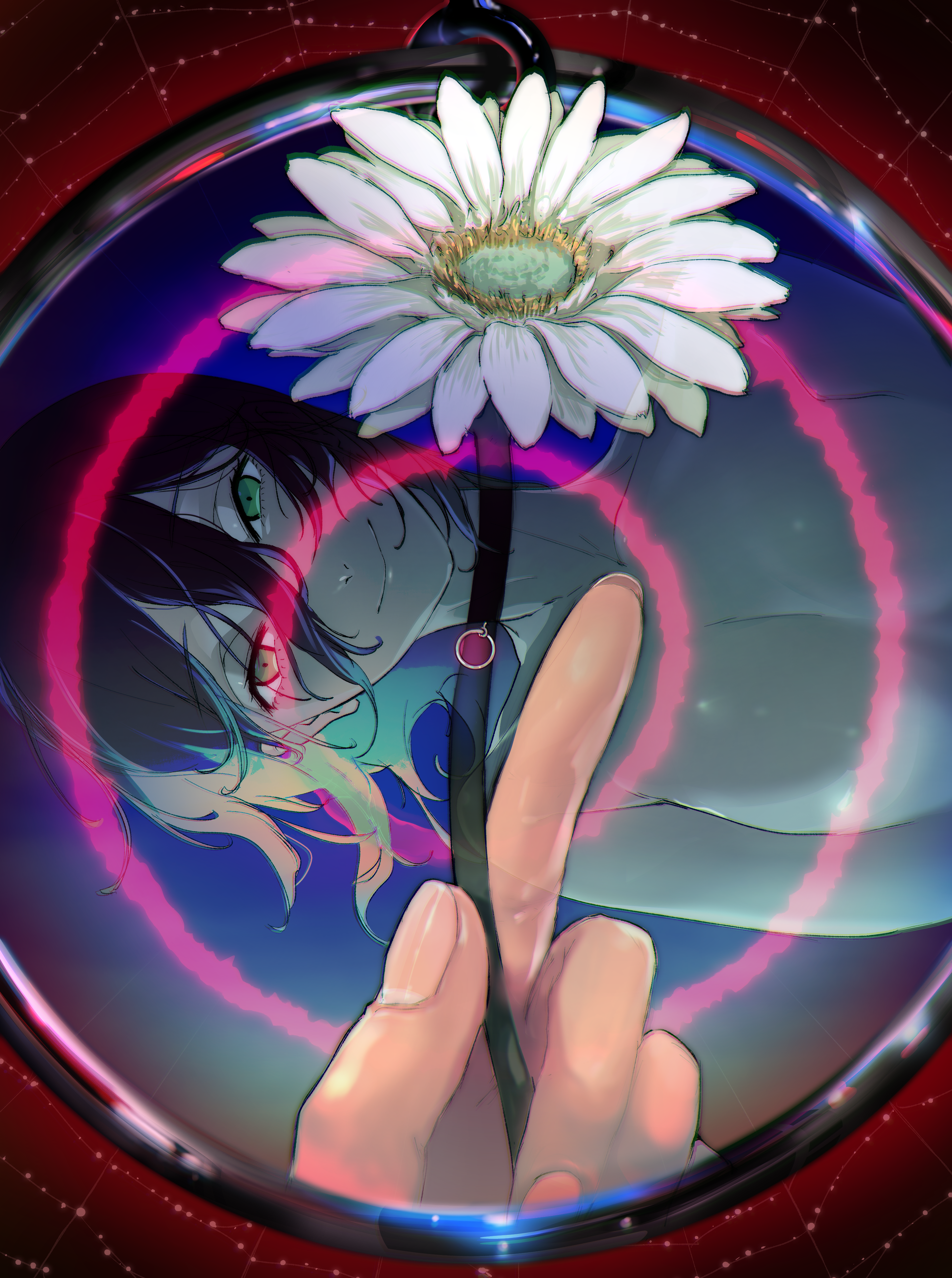 ena1215, reze (chainsaw man), chainsaw man, absurdres, commentary request, highres, 1girl, black hair, breasts, closed mouth, flower, green eyes, holding, holding flower, looking at viewer, medium breasts, smile, solo, white flower