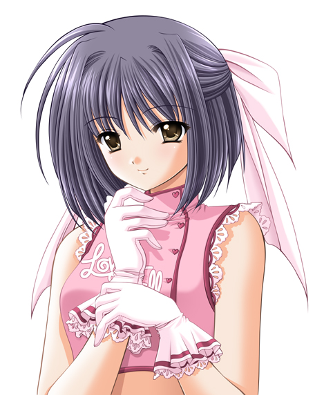 nishimata aoi, yuki toko, lovely idol, 1girl, blue hair, brown eyes, female focus, gloves, idol, short hair, sleeveless, solo
