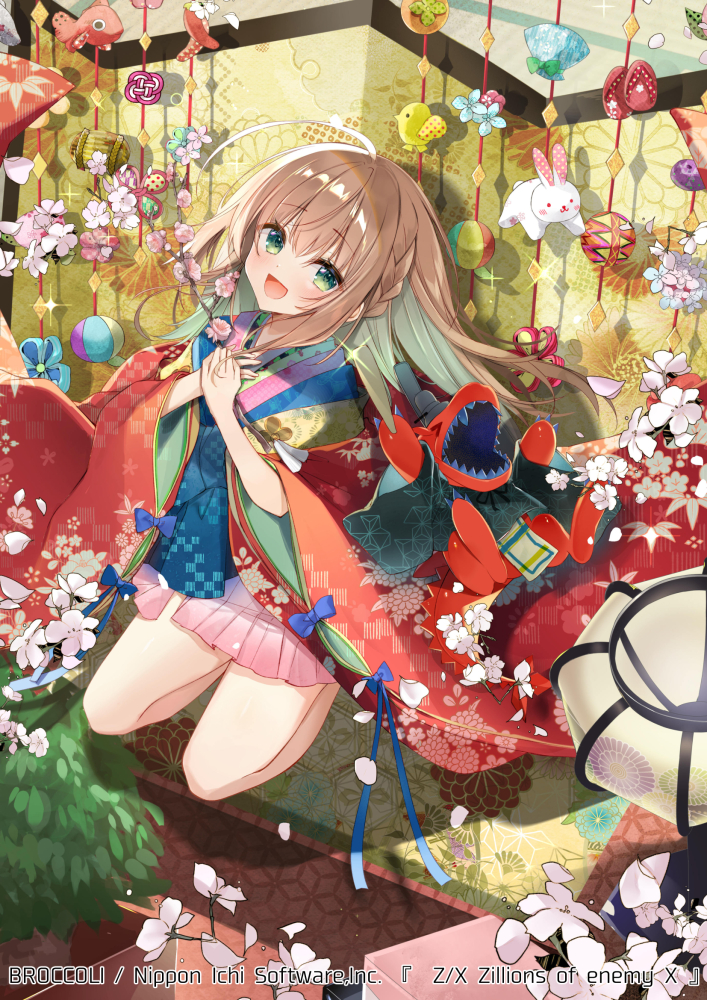 natsuki (ukiwakudasai), hinamatsuri, z/x, official art, > <, 1girl, ahoge, bonbori (lighting), brown hair, cherry blossoms, copyright notice, folding screen, from above, green eyes, hands on own chest, japanese clothes, kimono, kurashiki sera, layered kimono, long hair, mascot, petals, ritual baton, seiza, sitting, sparkle