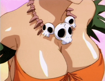 mii (jungle de ikou), jungle de ikou, animated, animated gif, lowres, 1990s (style), 1girl, bare shoulders, bouncing breasts, breasts, cleavage, close-up, female focus, head out of frame, huge breasts, jewelry, necklace, solo
