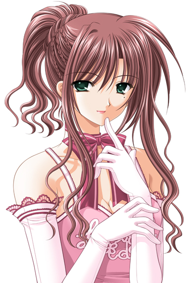nishimata aoi, lovely idol, 1girl, arms up, bow, breasts, brown hair, cleavage, detached sleeves, elbow gloves, female focus, gloves, green eyes, idol, long hair, medium breasts, mole, mole under eye, pink bow, ponytail, ribbon, solo, white gloves