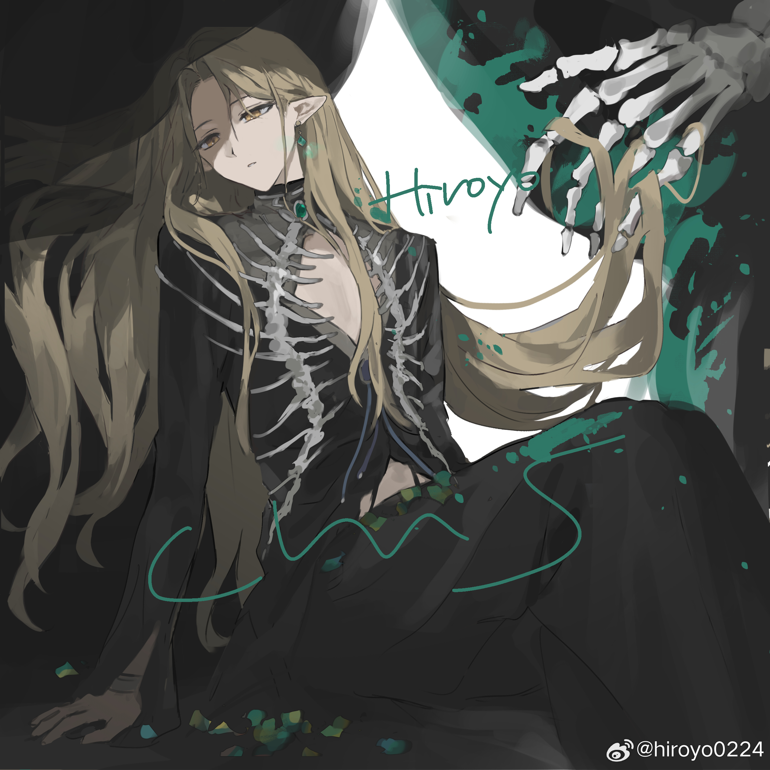 original, absurdres, check copyright, commission, copyright request, highres, 1boy, androgynous, artist name, bishounen, black shirt, black skirt, blonde hair, brooch, cleavage cutout, clothing cutout, crossdressing, crossdressing (mtf), curtained hair, diamond cutout, earrings, expressionless, forehead, gem, green gemstone, hair behind ear, hair lift, hand in another's hair, head tilt, hiroyo0224, jewelry, long hair, long skirt, long sleeves, looking ahead, male focus, parted bangs, parted lips, pectorals, pointy ears, shirt, sitting, skeleton, skirt, skirt set, spine, straight hair, trap, turtleneck, turtleneck shirt, very long hair, watermark, weibo watermark, yellow eyes