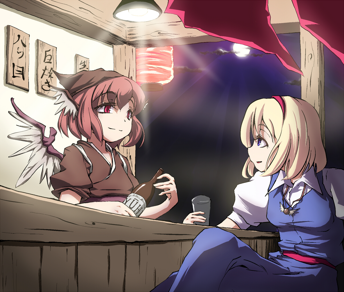 aya shachou, alice margatroid, mystia lorelei, okamisty, touhou, bad id, bad pixiv id, 2girls, alcohol, blonde hair, bottle, drink, eye contact, female focus, food stand, grill, hat, japanese clothes, looking at another, multiple girls, pink hair, ribbon, short hair, tasuki, wings