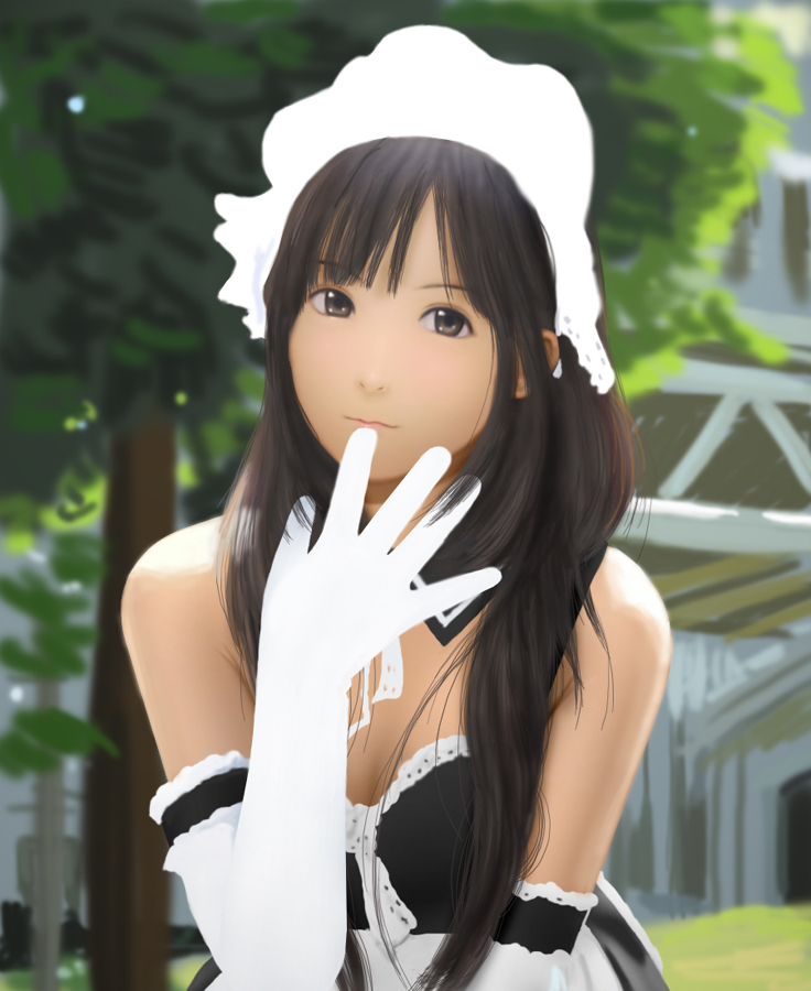 siraha, original, bad id, bad pixiv id, 1girl, 3d, bare shoulders, black hair, blurry, blush, breasts, brown eyes, cleavage, depth of field, detached collar, female focus, gloves, lips, maid, maid headdress, realistic, smile, solo, white gloves