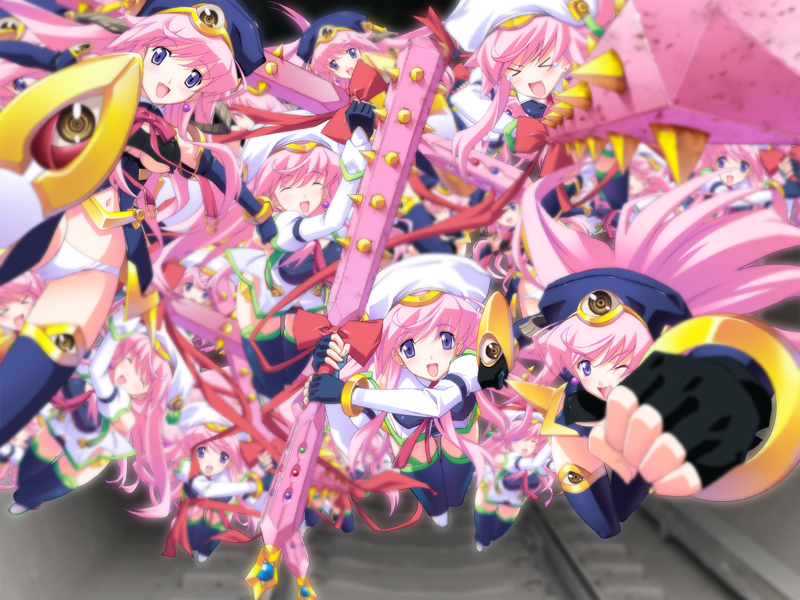 matsuo yukihiro, seira, seira orgel, seira orgel (post-awakening), 5pb., blood tune, chaos;head, nitroplus, science adventure, game cg, > <, 00s, 1girl, beret, blurry, bow, breasts, closed eyes, club (weapon), depth of field, detached sleeves, eyeball, fingerless gloves, gloves, hammer, hat, kicking, medium breasts, miniskirt, one eye closed, open mouth, pink hair, punching, purple eyes, ribbon, skirt, smile, tears, thighhighs, underboob, weapon, wink