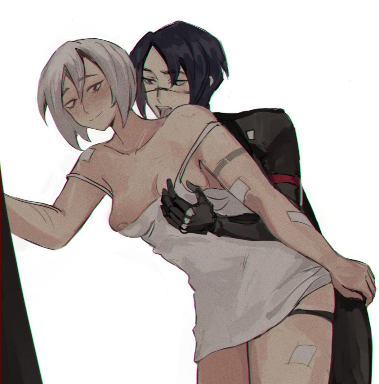 dearpupa, ariane yeong, elster (signalis), signalis, highres, 2girls, android, bandaged arm, bandaged leg, bandages, black hair, black panties, blush, breasts, camisole, chromatic aberration, closed mouth, grabbing another's breast, grabbing from behind, groping, medium breasts, multiple girls, nipples, open mouth, panties, panty pull, simple background, swimsuit, tongue, tongue out, underwear, white camisole, white hair, yuri