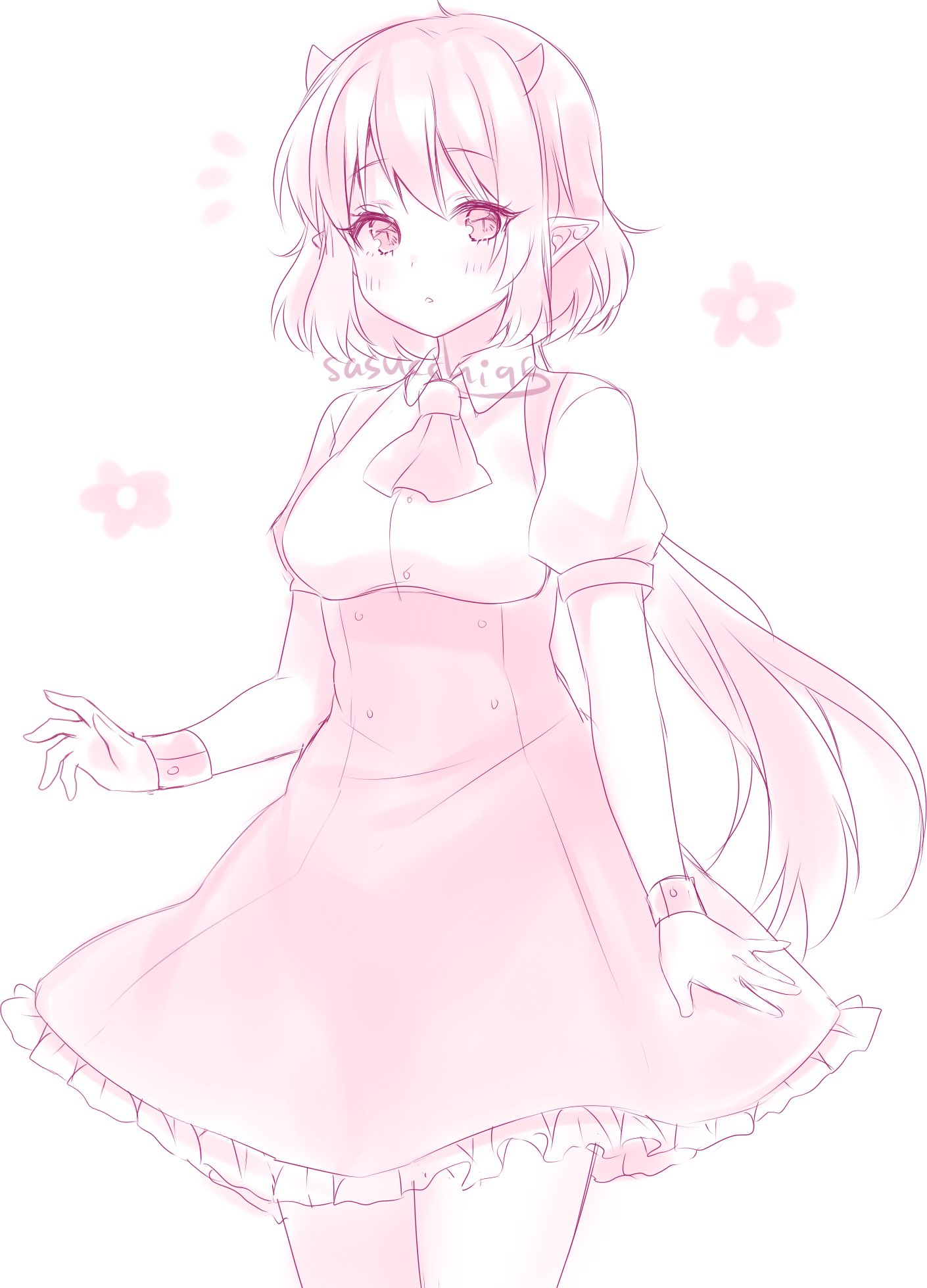 sasucchi95, original, commentary, english commentary, highres, 1girl, arm at side, artist name, ascot, blush, breasts, buttons, collared shirt, cowboy shot, demon horns, demon tail, double-breasted, flower, hair between eyes, high-waist skirt, horns, long hair, looking at viewer, low ponytail, miniskirt, monochrome, notice lines, parted lips, petticoat, pink theme, pointy ears, ponytail, puffy short sleeves, puffy sleeves, rina (sasucchi95), shirt, shirt tucked in, short hair, short sleeves, simple background, skirt, slit pupils, small breasts, small horns, solo, standing, suspender skirt, suspenders, tail, white background, wristband