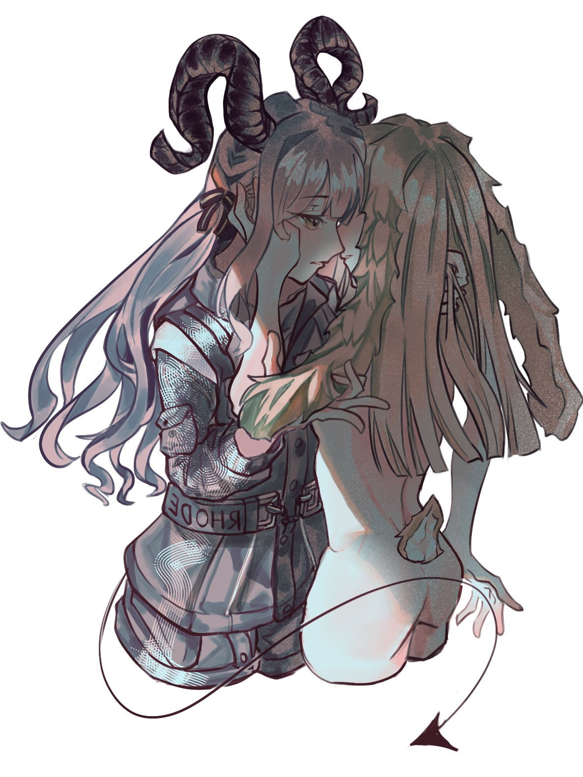 togawa sakiko, wakaba mutsumi, arknights, bang dream!, bang dream! it's mygo!!!!!, chinese commentary, commentary request, highres, 2girls, animal ears, black coat, blue hair, blush, clothed female nude female, coat, demon horns, demon tail, green hair, hand on another's face, horns, imminent kiss, long hair, multiple girls, nude, parted lips, rabbit ears, rabbit girl, rabbit tail, shika vobit, simple background, tail, white background, yuri