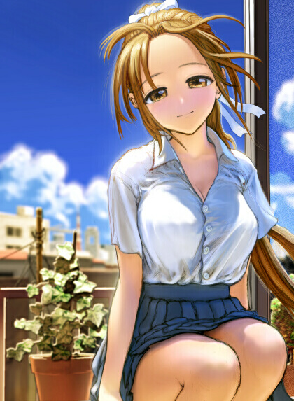 ebina souichi, nanami (tokyo lover), tokyo lover, 1girl, breasts, brown eyes, brown hair, cityscape, cleavage, cloud, day, female focus, hair ribbon, large breasts, long hair, plant, ponytail, ribbon, school uniform, serafuku, sitting, skirt, sky, smile, solo, summer, very long hair, widn, window, yellow eyes