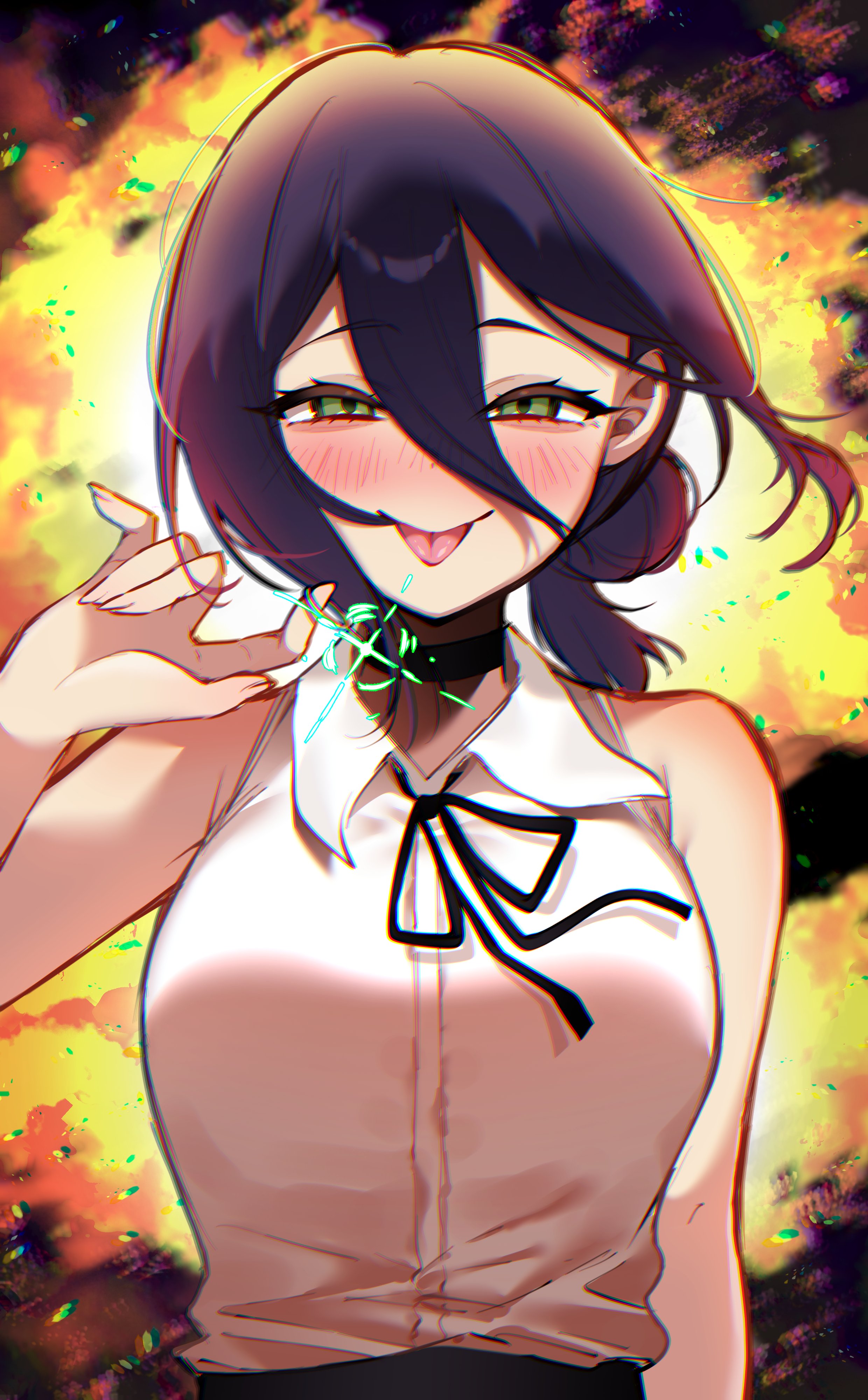 nora n k22, reze (chainsaw man), chainsaw man, absurdres, highres, 1girl, black choker, black hair, black ribbon, blush, choker, closed mouth, collared shirt, explosion, explosion background, green eyes, hair between eyes, hair bun, looking at viewer, ribbon, shirt, sleeveless, sleeveless shirt, solo, tongue, tongue out, white shirt