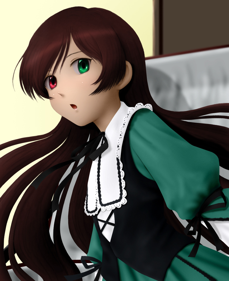 siraha, suiseiseki, rozen maiden, bad id, bad pixiv id, 00s, 1girl, :o, brown hair, dress, female focus, green eyes, heterochromia, indoors, long hair, open mouth, red eyes, solo, very long hair