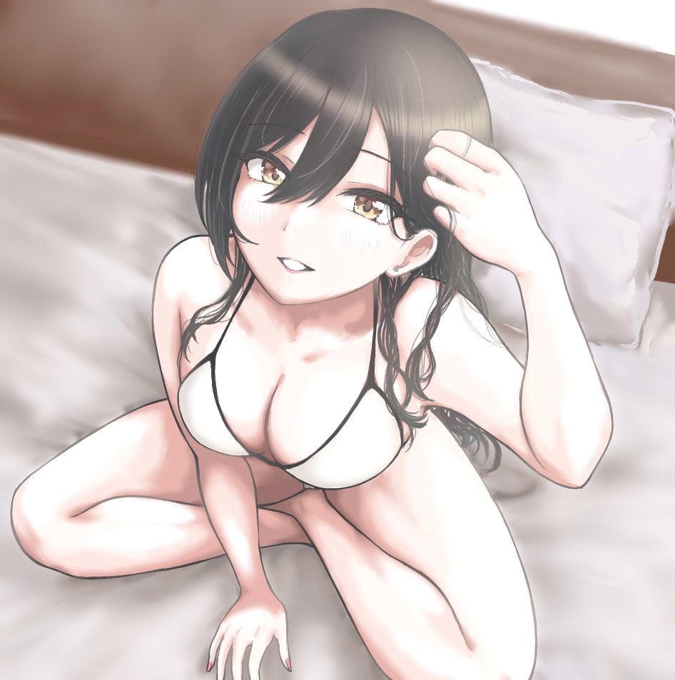 sawau, shirase sakuya, idolmaster, idolmaster shiny colors, commentary request, 1girl, bare arms, bare legs, bikini, black hair, breasts, hair between eyes, indian style, indoors, large breasts, long hair, sitting, solo, straight hair, swimsuit, white bikini
