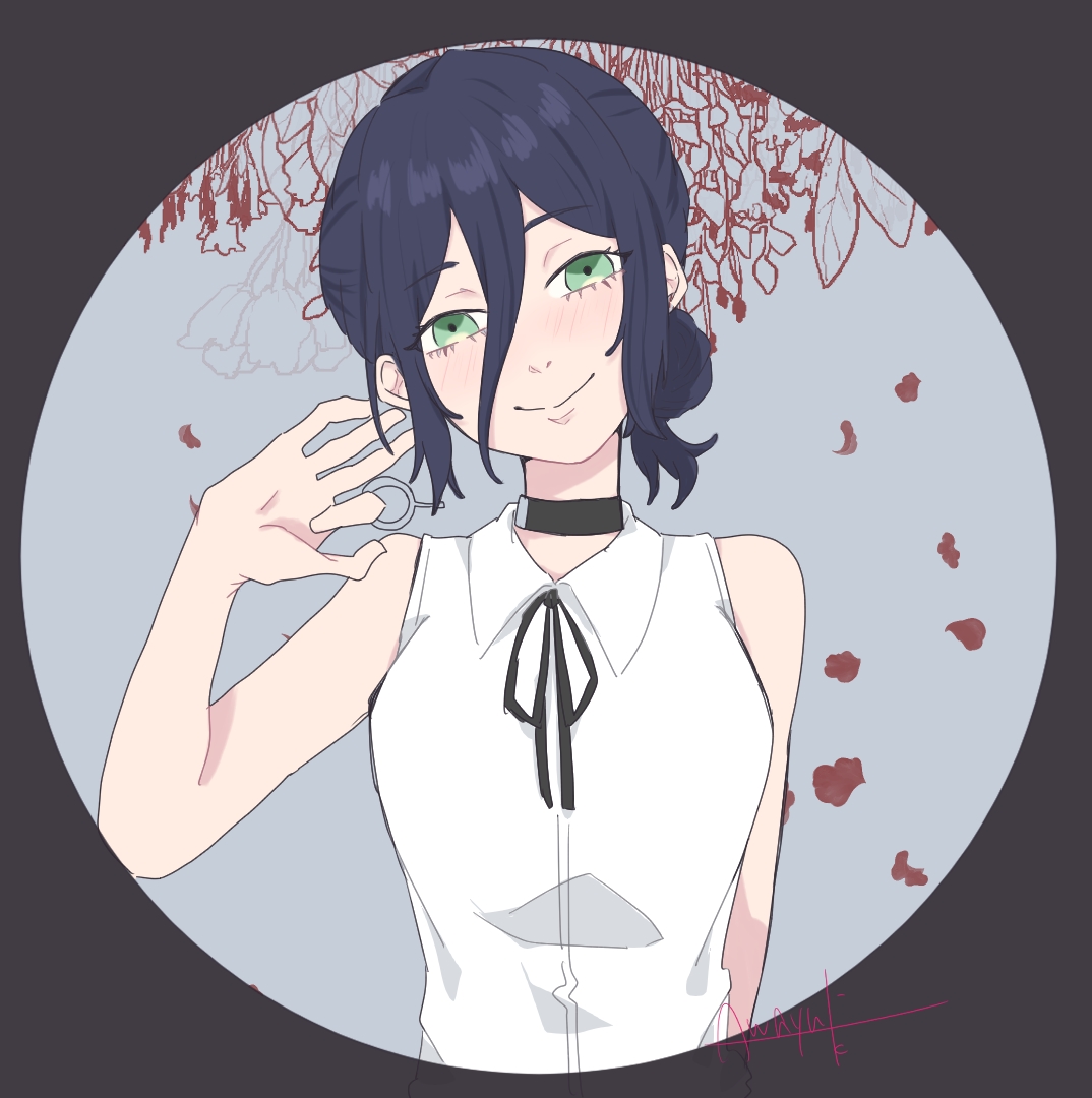 reze (chainsaw man), chainsaw man, 1girl, artist name, awayukisigure, black choker, black hair, black ribbon, choker, closed mouth, collared shirt, green eyes, grenade pin, hair between eyes, ribbon, shirt, sleeveless, sleeveless shirt, smile, solo, white shirt
