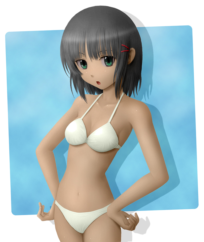 siraha, aizawa sakuya, hayate no gotoku!, 00s, 1girl, 3d, :o, bikini, blush, border, collarbone, cowboy shot, dark-skinned female, dark skin, female focus, green eyes, hair ornament, hairclip, hands on own hips, navel, outside border, short hair, simple background, solo, stomach, swimsuit, white bikini