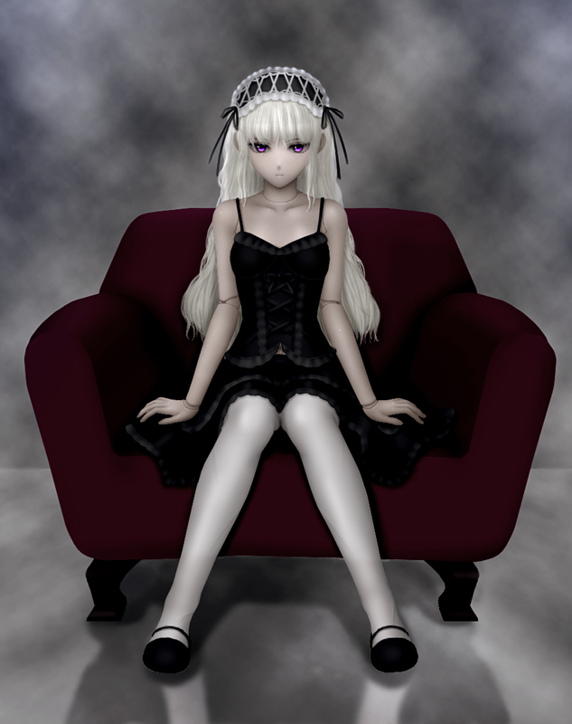 siraha, bad id, bad pixiv id, 1girl, 3d, blonde hair, doll, doll joints, female focus, full body, goth fashion, gothic lolita, joints, lolita fashion, long hair, purple eyes, sitting, solo, white hair
