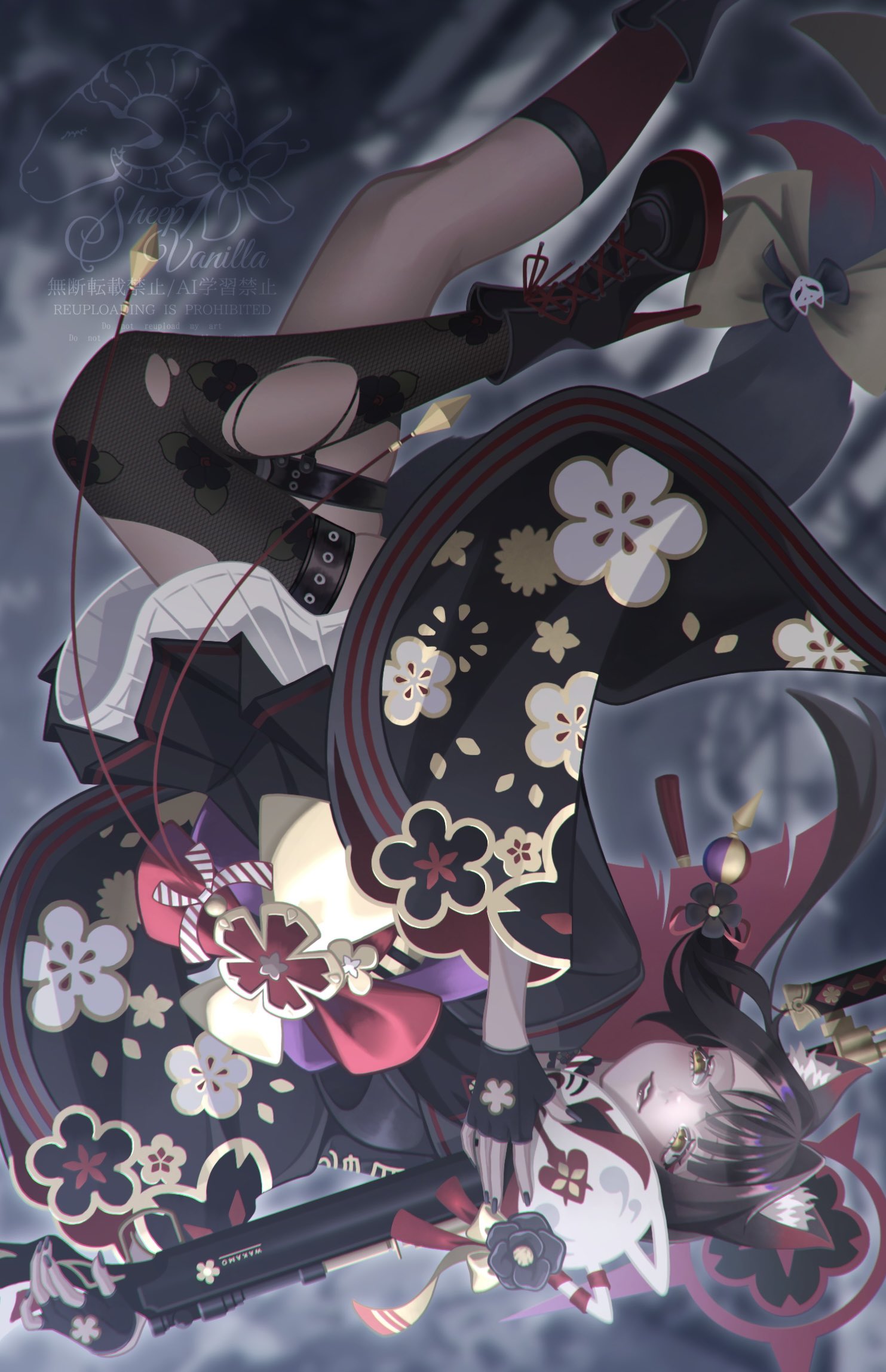 wakamo (blue archive), blue archive, highres, 1girl, animal ear fluff, animal ears, arisaka, black hair, bolt action, breasts, flower, fox ears, fox girl, fox mask, fox tail, gun, halo, long hair, mask, red halo, rifle, sheep vanilla, solo, tail, tail flower, tail ornament, upside-down, weapon, yellow eyes