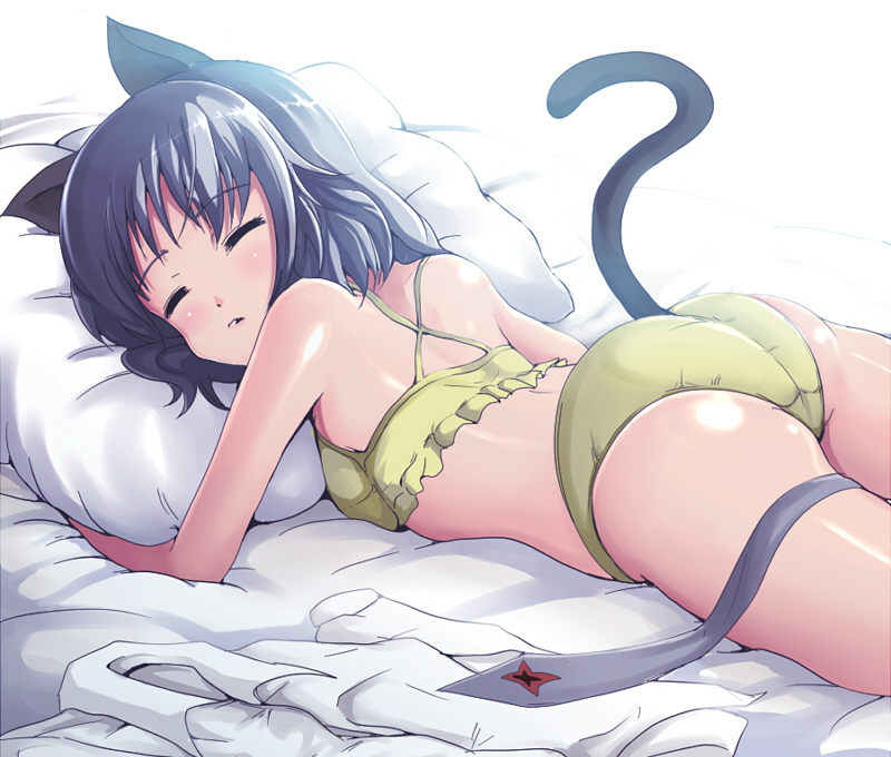 kasai shin, sanya v. litvyak, strike witches, world witches series, bad id, bad pixiv id, 00s, 1girl, animal ears, ass, cat ears, cat tail, closed eyes, female focus, lingerie, necktie, panties, sleeping, solo, tail, underwear