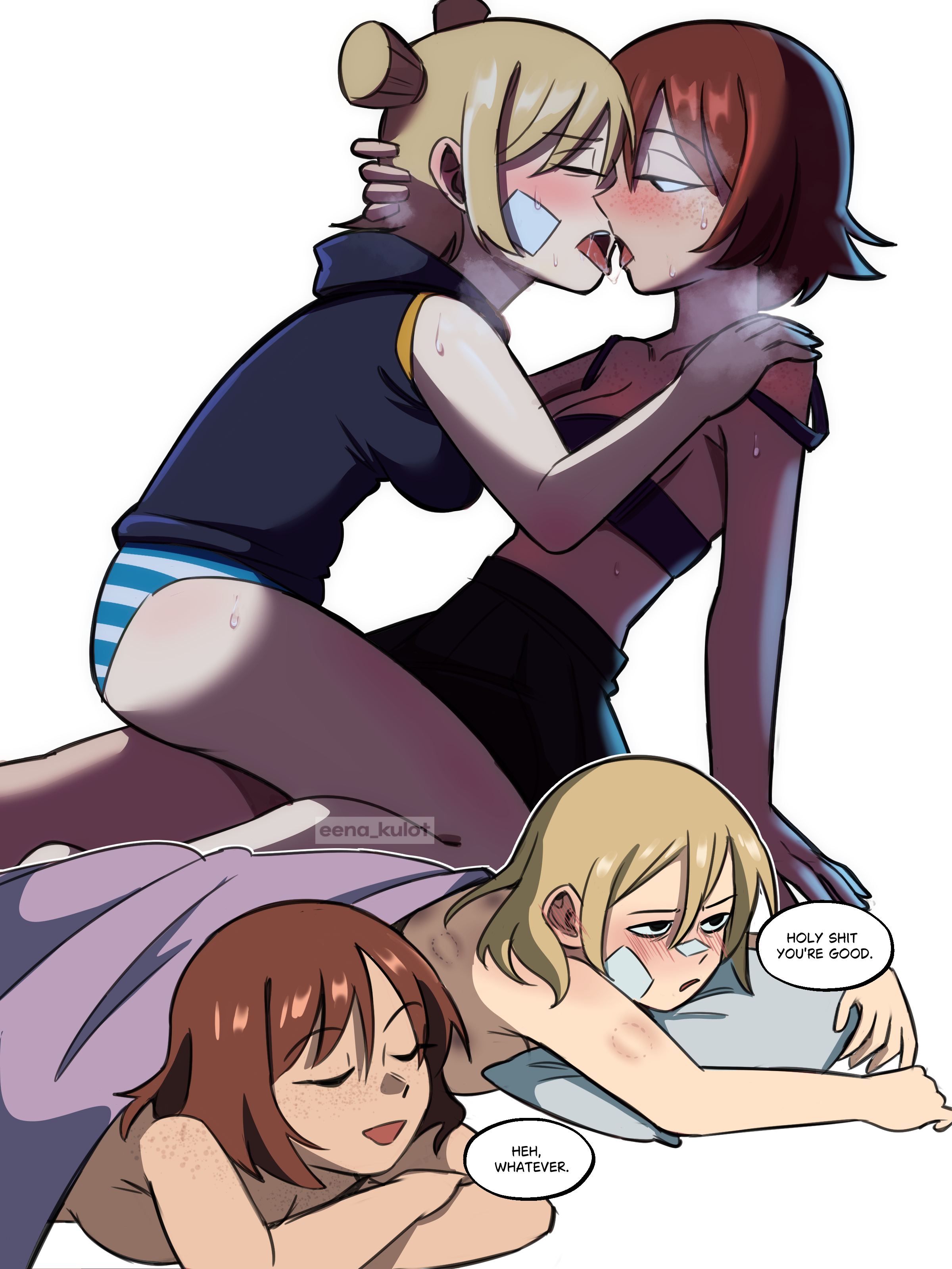eenakulot, kim pine, roxie richter, scott pilgrim (series), absurdres, commentary, english commentary, highres, 2girls, aftersex, bandage on face, bandage on nose, bandages, bite mark, bite mark on arm, black bra, black hoodie, black skirt, blonde hair, blue panties, blush, bra, brown hair, closed eyes, ear blush, freckles, hand on another's neck, hand on another's shoulder, hood, hoodie, long hair, multiple girls, open mouth, panties, pillow, saliva, saliva trail, short hair, simple background, sitting, sitting on lap, sitting on person, skirt, sleeveless, sleeveless hoodie, strap slip, striped clothes, striped panties, tongue, tongue out, under covers, underwear, white background, yuri