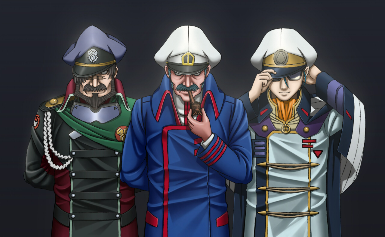 gekko, global j. bruno, jeffrey wilder, maximilian jenius, choujikuu yousai macross, macross, macross 7, macross frontier, 1980s (style), 00s, 1990s (style), 3boys, aiguillette, beard, facial hair, glasses, goggles, gradient background, hat, holding, holding smoking pipe, male focus, military, military uniform, multiple boys, mustache, oldschool, peaked cap, pipe in mouth, retro artstyle, s.m.s., science fiction, smoking, smoking pipe, u.n. spacy