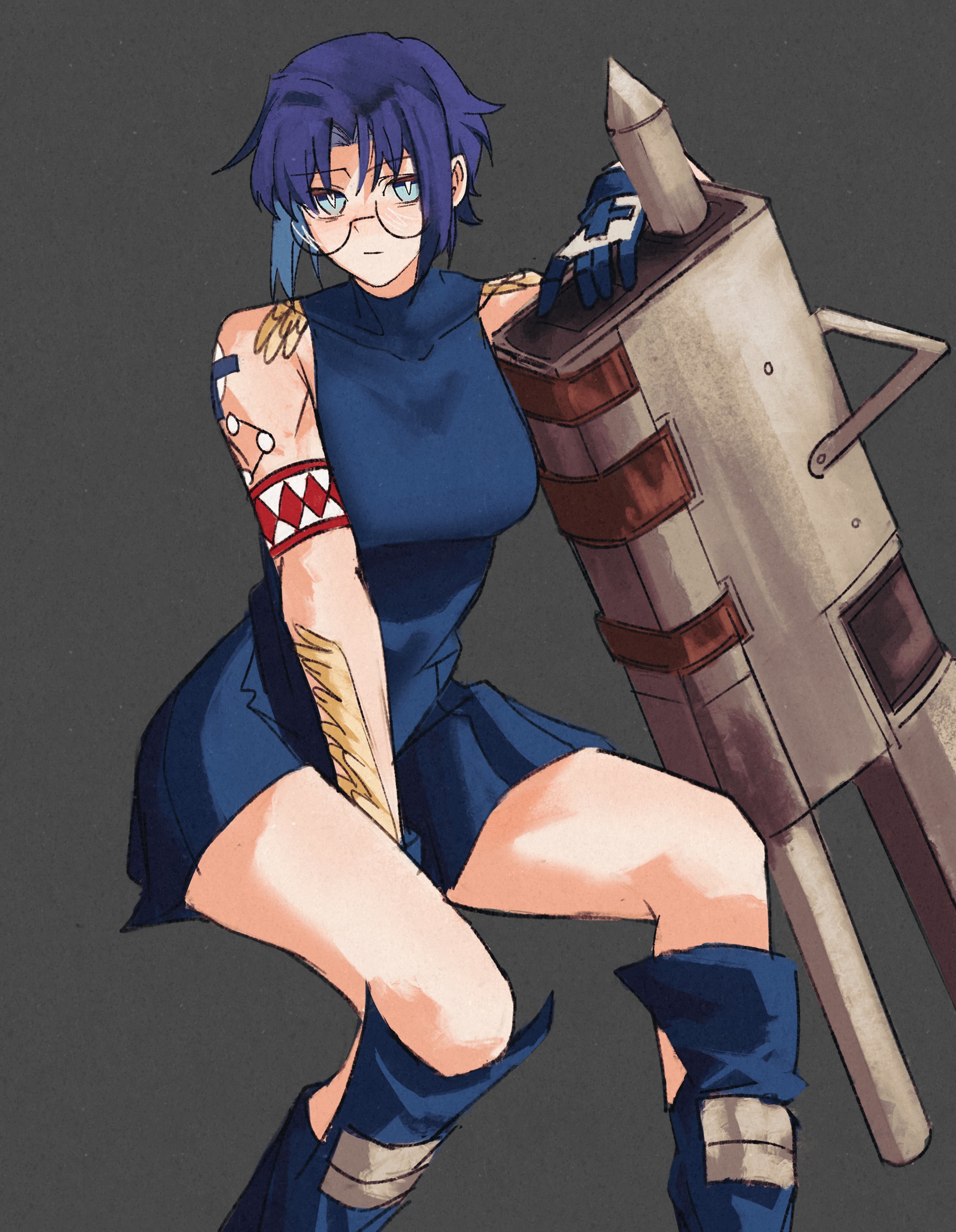 ezekquel, ciel (tsukihime), powered ciel, melty blood, tsukihime, absurdres, highres, blue eyes, blue hair, looking at viewer, seventh holy scripture, tattoo