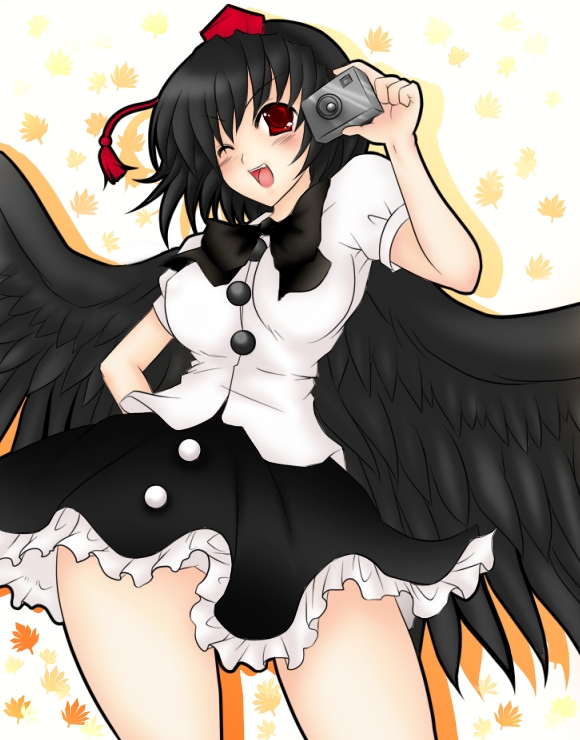 aya (pixiv), shameimaru aya, touhou, bad id, bad pixiv id, 1girl, black hair, black wings, blouse, blush, camera, female focus, hat, looking at viewer, one eye closed, open mouth, pom pom (clothes), shirt, short hair, skirt, smile, solo, white shirt, wings, wink