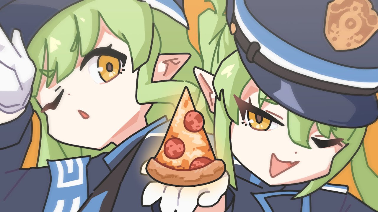 sechi (sechihyeo), hikari (blue archive), nozomi (blue archive), blue archive, video thumbnail, 2girls, :d, :o, armband, blue armband, fang, food, gloves, green hair, hand up, hat, looking at viewer, multiple girls, one eye closed, open mouth, orange background, peaked cap, pizza, pizza slice, pointy ears, siblings, sisters, skin fang, smile, train conductor, twins, upper body, white gloves, yellow eyes