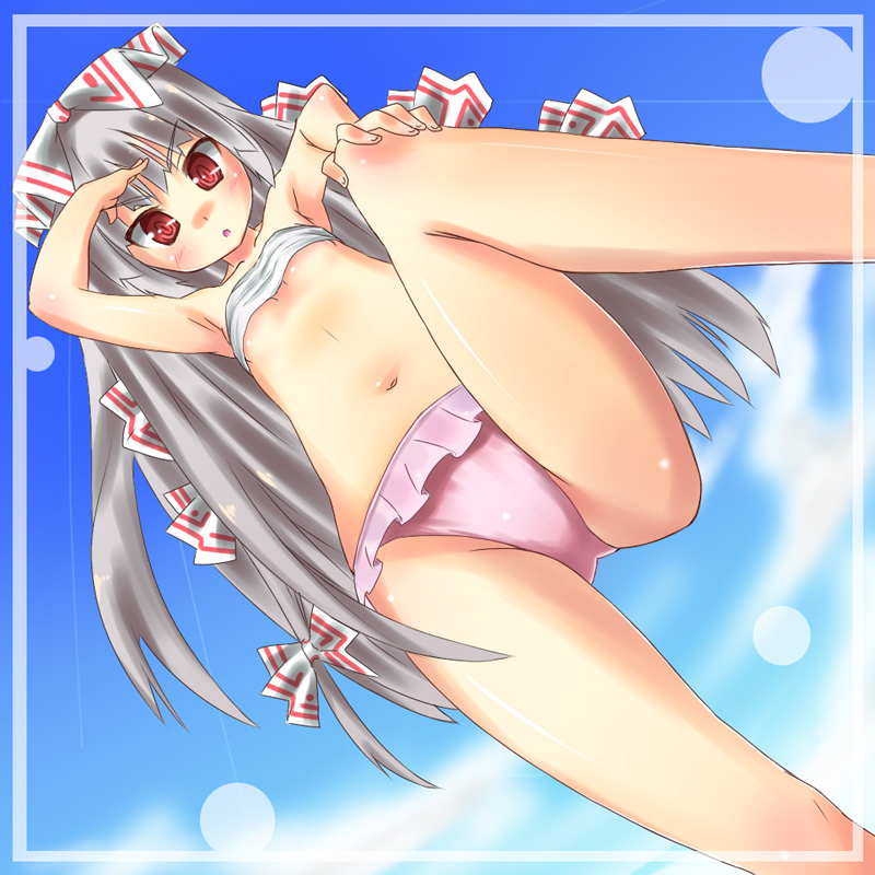 subachi, fujiwara no mokou, touhou, silver hair, bad id, bad pixiv id, 1girl, bikini, border, day, female focus, frilled bikini, frills, from below, frown, long hair, looking down, sarashi, shading eyes, solo, staring, swimsuit