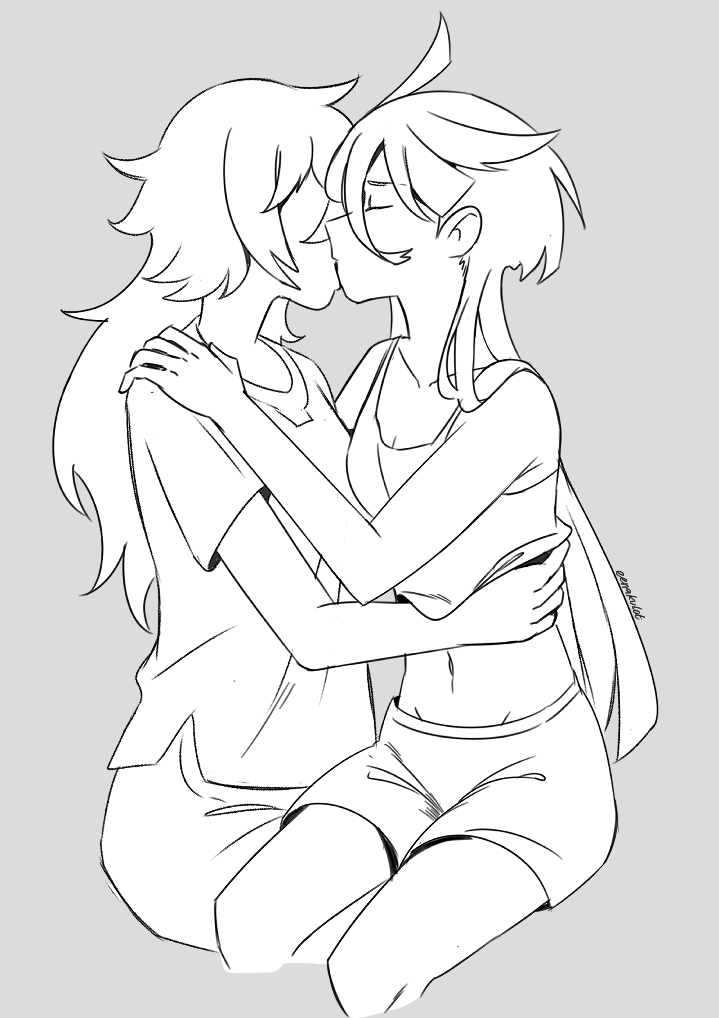 eenakulot, miorine rembran, suletta mercury, gundam, gundam suisei no majo, absurdres, commentary, highres, 2girls, ahoge, artist name, clothes lift, greyscale, hand on another's shoulder, hand on another's waist, kiss, long hair, monochrome, multiple girls, shirt lift, short sleeves, shorts, sitting, tank top, yuri