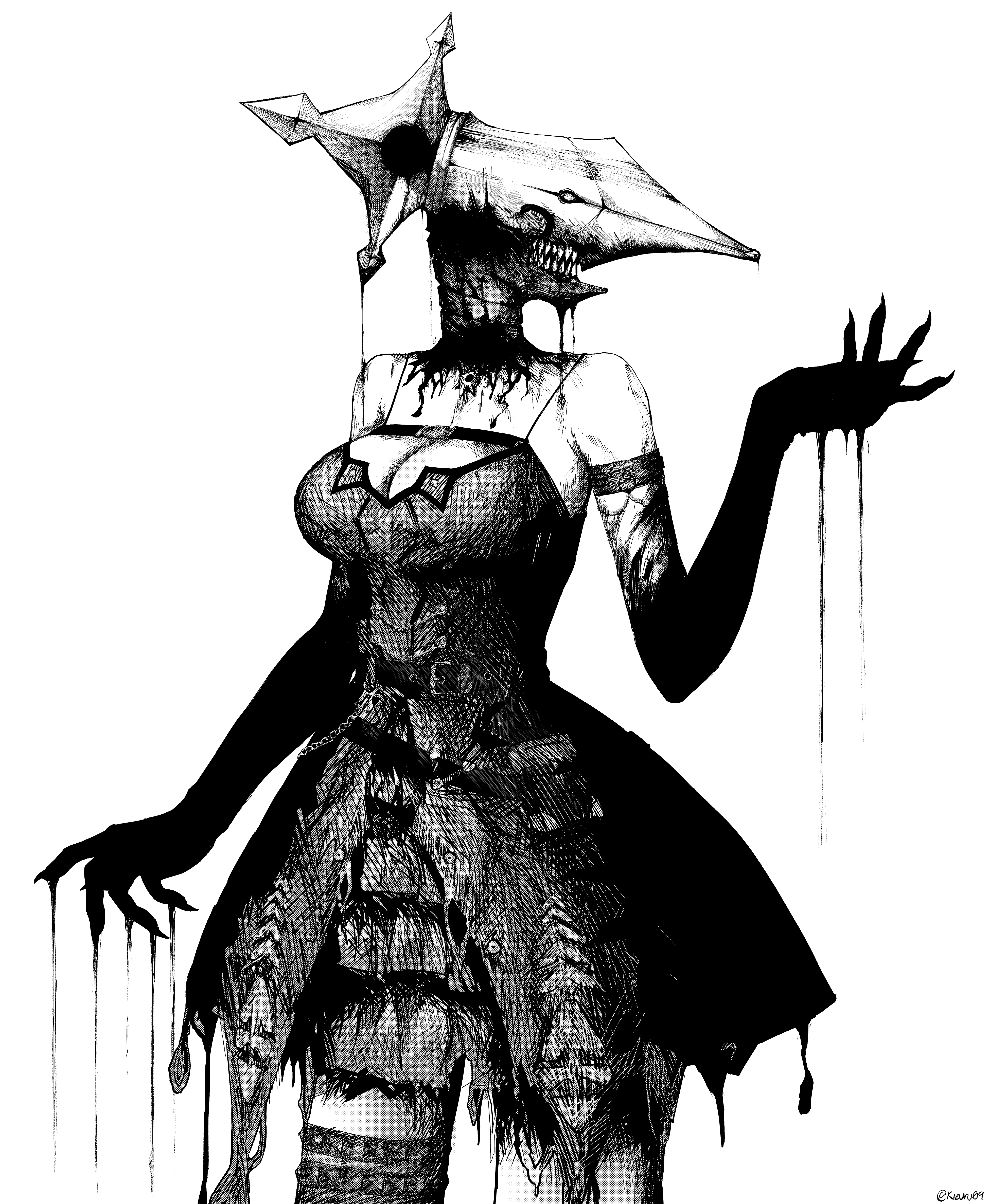 kizuru09, shiori novella, shiori novella (1st costume), chainsaw man, hololive, hololive english, absurdres, highres, 1girl, breasts, cleavage, dress, greyscale, large breasts, monochrome, object head, quill, sharp teeth, single thighhigh, solo, teeth, thighhighs, virtual youtuber