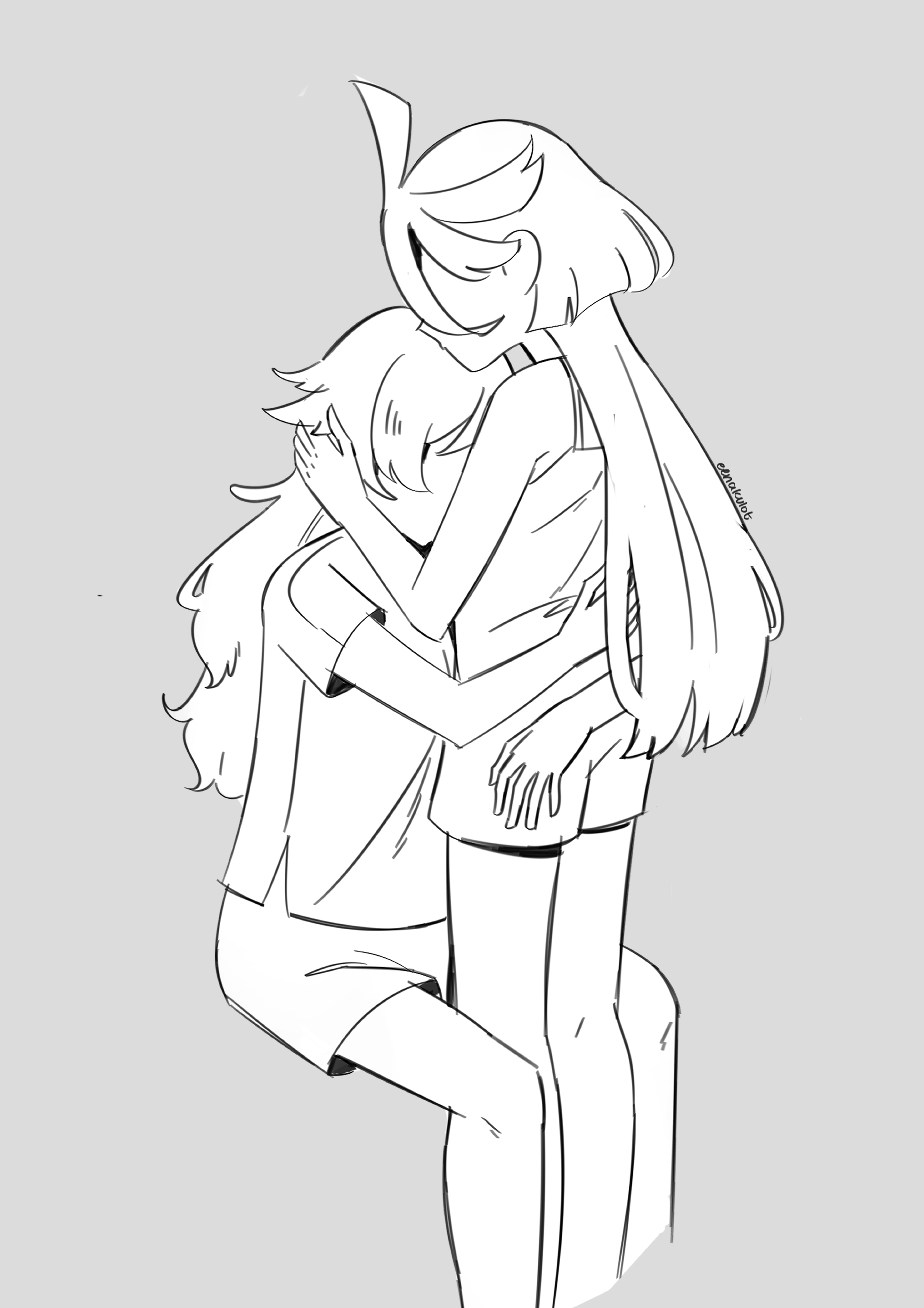 eenakulot, miorine rembran, suletta mercury, gundam, gundam suisei no majo, absurdres, commentary, highres, 2girls, ahoge, arms around waist, artist name, camisole, greyscale, hand on another's waist, hug, long hair, monochrome, multiple girls, shirt, short sleeves, shorts, yuri
