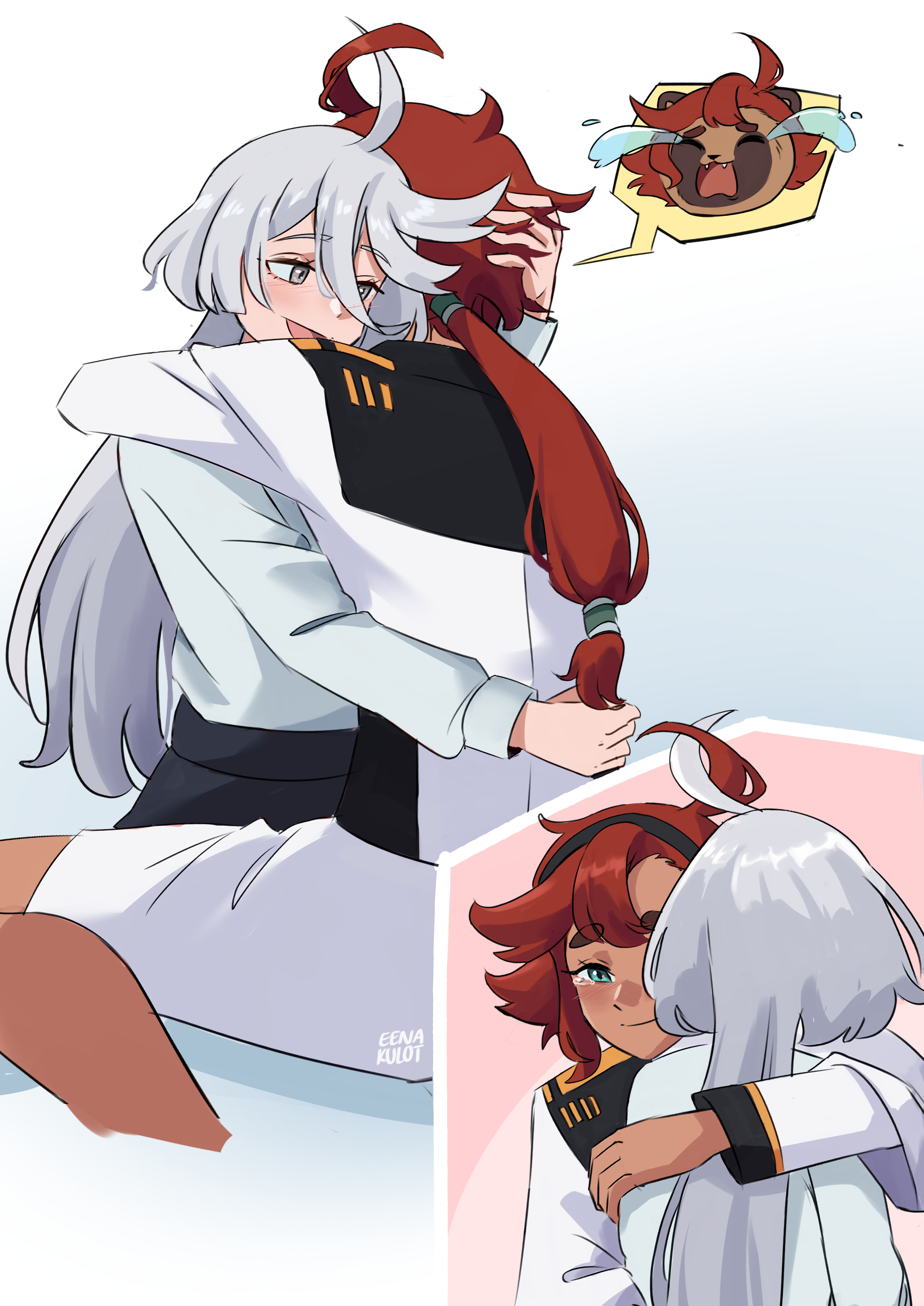 eenakulot, miorine rembran, suletta mercury, gundam, gundam suisei no majo, absurdres, commentary, highres, textless version, 2girls, ahoges touching, animalization, artist name, asticassia school uniform, black hairband, blue eyes, blush, grey eyes, grey hair, hairband, hand in another's hair, hand on another's head, jacket, long hair, long sleeves, multiple girls, open mouth, ponytail, red hair, school uniform, shirt, shorts, smile, tanuki, tears, thick eyebrows, white jacket, white shirt, white shorts, yuri