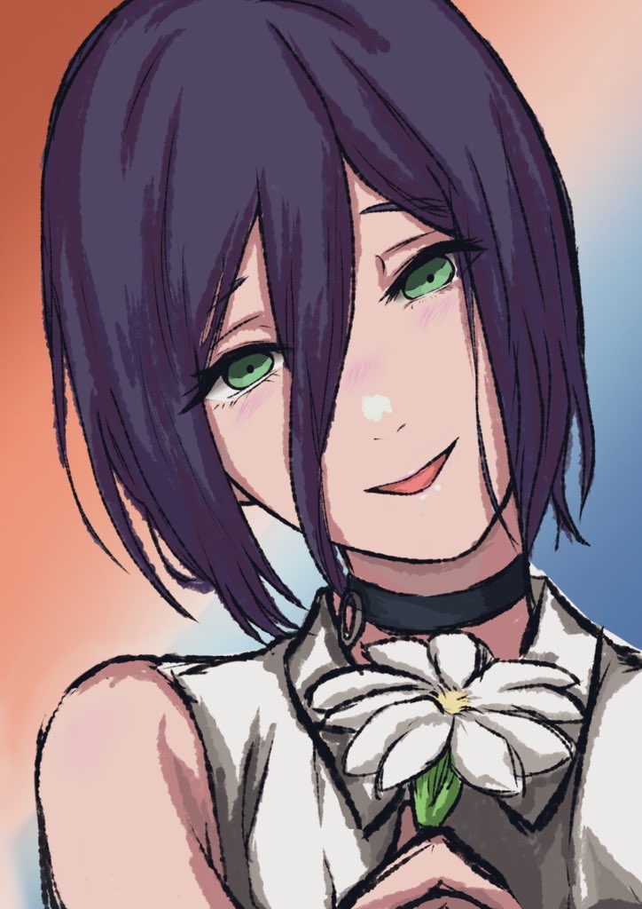 masekiyu, reze (chainsaw man), chainsaw man, 1girl, black choker, black hair, choker, collared shirt, flower, green eyes, hair between eyes, holding, holding flower, looking at viewer, open mouth, shirt, sleeveless, sleeveless shirt, solo, white flower, white shirt