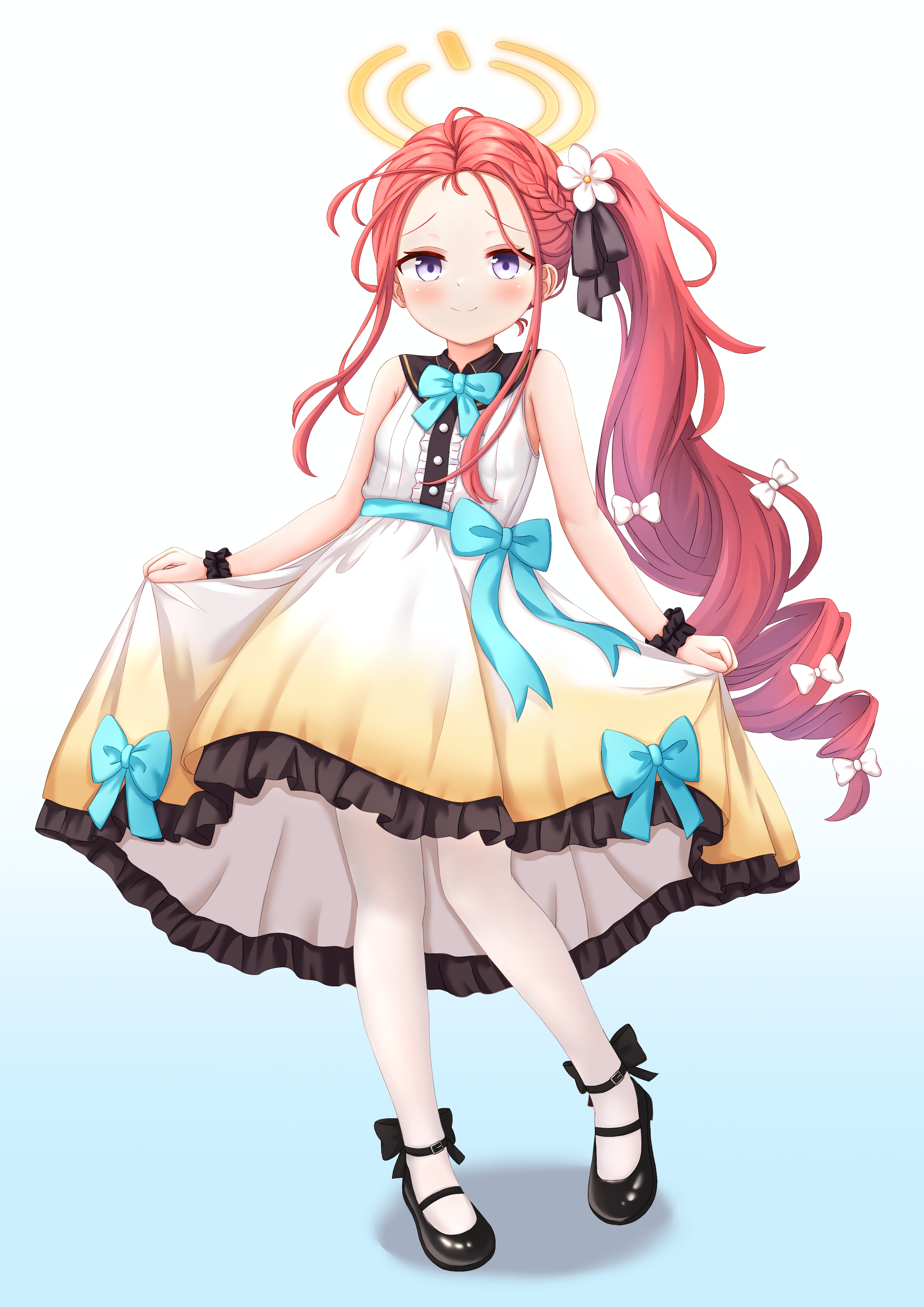 uro30, yuzu (blue archive), blue archive, absurdres, chinese commentary, commentary request, highres, 1girl, black bow, black shoes, black wrist cuffs, blue bow, blush, bow, bow skirt, bowtie, breasts, closed mouth, dress, flower, footwear bow, forehead, frilled dress, frills, full body, gradient background, gradient clothes, gradient dress, hair bow, hair flower, hair ornament, halo, long hair, looking at viewer, mary janes, multiple hair bows, orange halo, pantyhose, purple eyes, red hair, shadow, shoes, side ponytail, skirt, skirt hold, sleeveless, sleeveless dress, small breasts, smile, standing, very long hair, waist bow, white bow, white pantyhose, wrist cuffs, yellow halo
