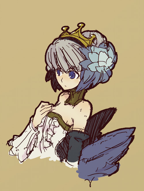 hirao ryou, gwendolyn (odin sphere), odin sphere, silver hair, bad id, bad pixiv id, 1girl, blue eyes, crown, dress, female focus, oekaki, solo, strapless, strapless dress