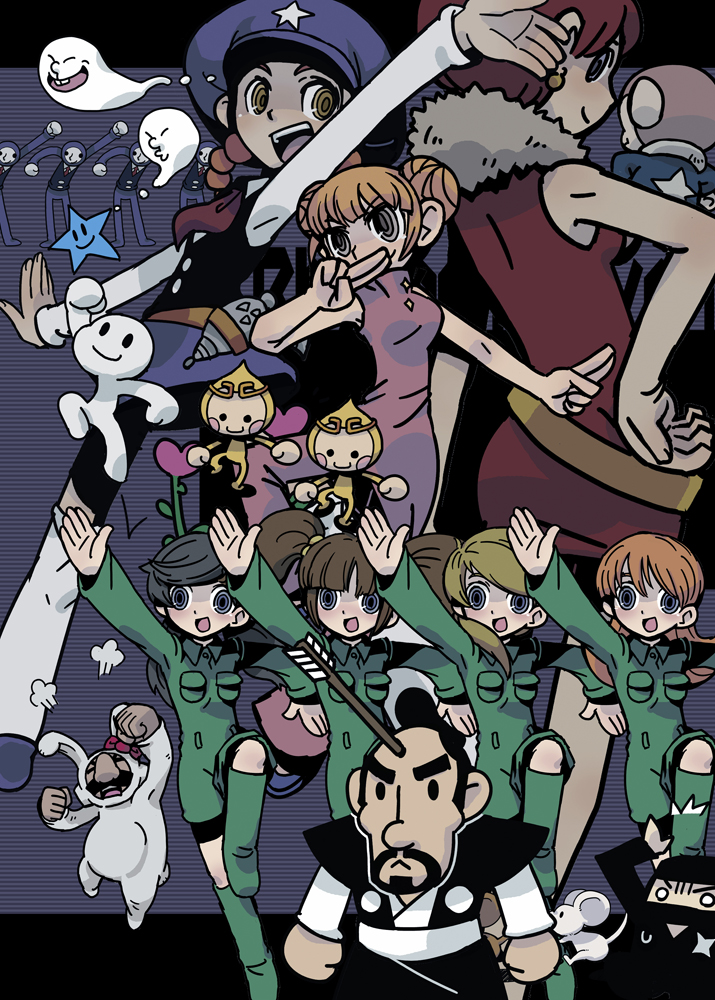 hirao ryou, rhythm tengoku, rhythm tengoku (game), 2boys, 6+girls, animal costume, arrow (projectile), arrow in body, arrow in head, boots, braid, collared shirt, earrings, everyone, ghost, green boots, jewelry, mouse (animal), multiple boys, multiple girls, object through head, pearl earrings, rabbit costume, ringed eyes, shirt, standing, standing on one leg, star (symbol), twin braids