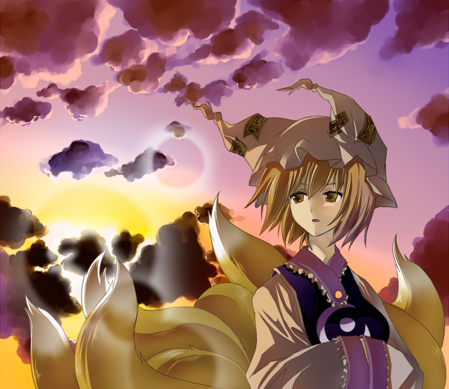 halomiya, yakumo ran, touhou, bad id, bad pixiv id, 1girl, animal ears, animal hat, blonde hair, female focus, fox ears, fox tail, hands in opposite sleeves, hat, long sleeves, mob cap, outdoors, short hair, sky, solo, tail, tassel, wide sleeves