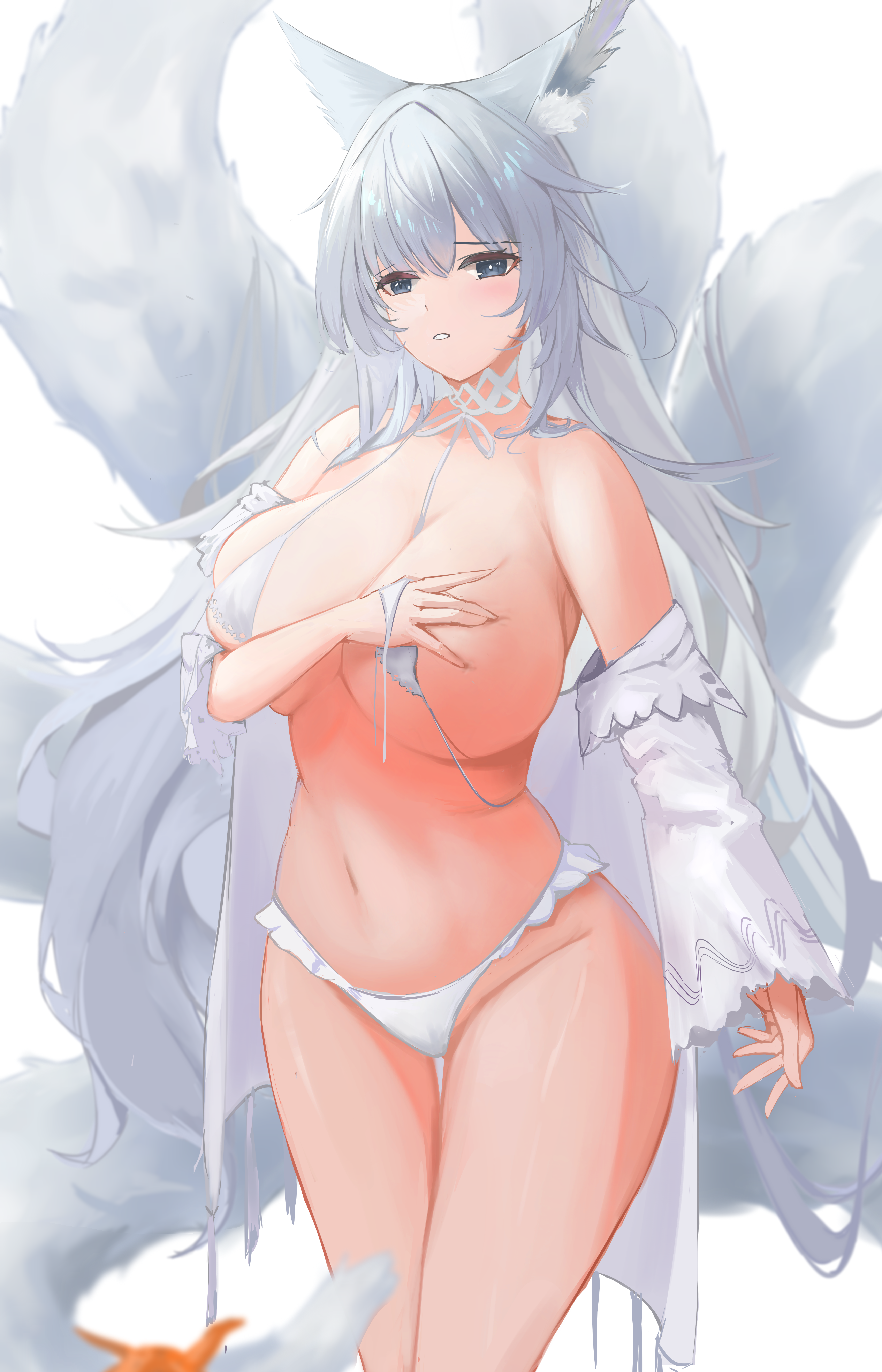 chunchilin, shinano (aircraft carrier), shinano (azur lane), shinano (dreamy white sands) (azur lane), azur lane, absurdres, chinese commentary, highres, 1girl, ||/, animal ear fluff, bikini, blue eyes, blurry, blurry foreground, breasts, cleavage, covered erect nipples, detached sleeves, fox girl, frilled panties, frills, grabbing own breast, grey hair, highleg, highleg panties, huge breasts, kitsune, knees out of frame, legs together, long hair, long sleeves, multiple tails, navel, official alternate costume, open mouth, panties, parted bangs, parted lips, shadow, simple background, solo, standing, starfish, string bikini, swimsuit, tail, teeth, thigh gap, underwear, white background, white panties, white sleeves, wide sleeves