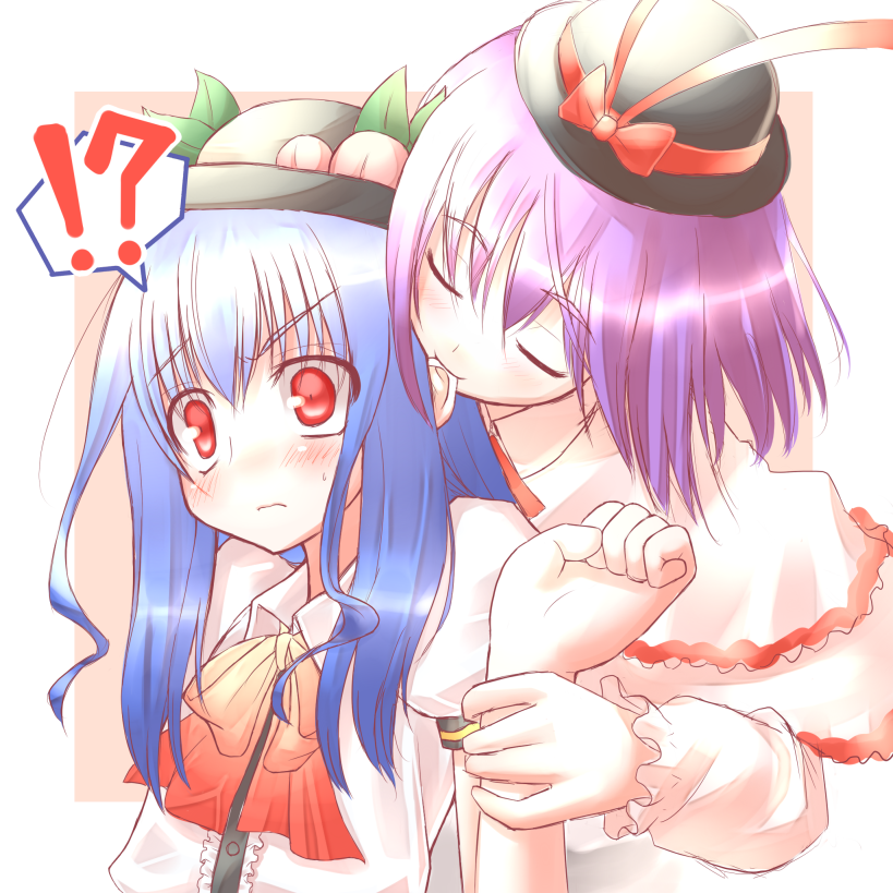 hiraga matsuri, hirasato, hinanawi tenshi, nagae iku, touhou, biting ear, !, !?, 2girls, ?, biting, blue hair, blush, female focus, food, fruit, hat, long hair, multiple girls, peach, purple hair, ribbon, short hair, speech bubble, surprised, yuri