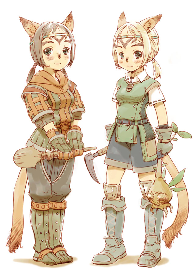 branch (blackrabbits), mithra (ff11), final fantasy, final fantasy xi, bad id, bad pixiv id, 00s, animal ears, blonde hair, blush, boots, brown hair, child, circlet, gloves, green eyes, smile, tail, wand