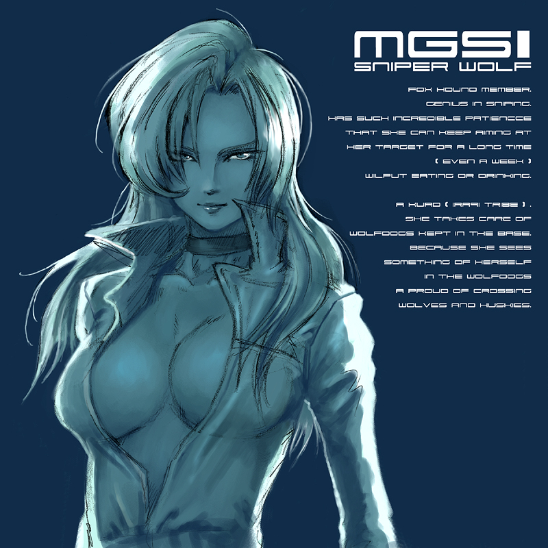 5-dimensional skaters, sniper wolf, metal gear (series), metal gear solid, bad id, bad pixiv id, 1girl, blonde hair, breasts, center opening, choker, cleavage, collar, english text, engrish text, female focus, jacket, large breasts, open clothes, open jacket, ranguage, simple background, solo, text focus