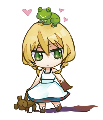 viola (majo no ie), majo no ie, commentary request, lowres, 1girl, animal, animal on head, bare arms, bare shoulders, blonde hair, boots, braid, brown boots, chibi, closed mouth, dirty hands, dress, expressionless, eyelashes, frog, frog on head, green eyes, hair between eyes, heart, holding, holding stuffed toy, light frown, long hair, looking at viewer, medium dress, mi mao, mud, on head, puddle, shadow, simple background, sleeveless, sleeveless dress, slit pupils, solo, standing, stuffed animal, stuffed toy, sundress, teddy bear, twin braids, white background, white dress