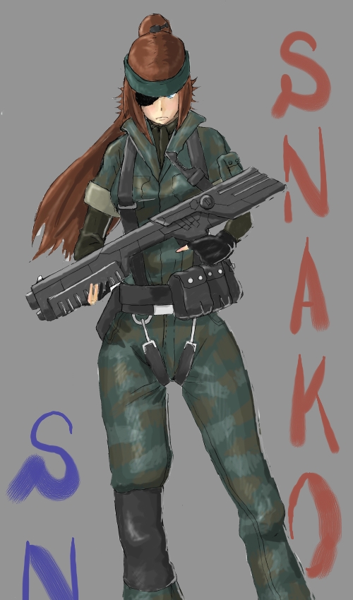 hone shoukan, naked snake, metal gear (series), metal gear solid, metal gear solid 3: snake eater, gender request, 1girl, female focus, genderswap, simple background, solo