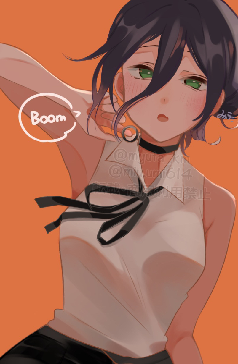 reze (chainsaw man), chainsaw man, highres, 1girl, black choker, black hair, black ribbon, choker, collared shirt, green eyes, myu ta km, open mouth, orange background, ribbon, shirt, simple background, sleeveless, sleeveless shirt, solo, speech bubble, white shirt